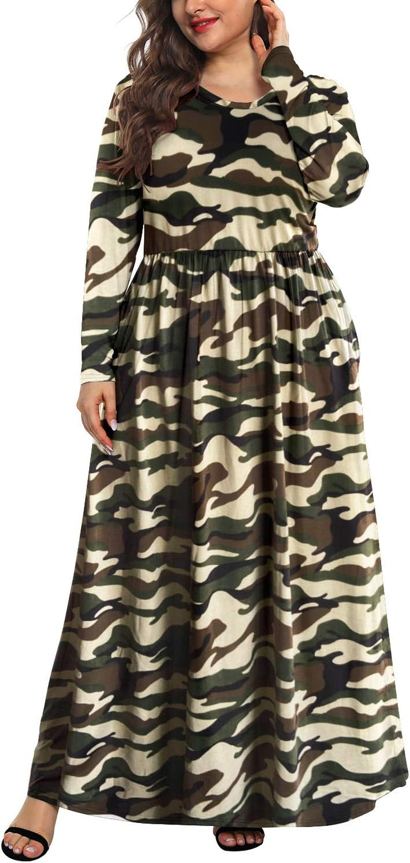 Women'S Long Sleeve Loose Plain Casual plus Size Floral Print Maxi Dress with Pockets 20W,Floral Light Camouflage
