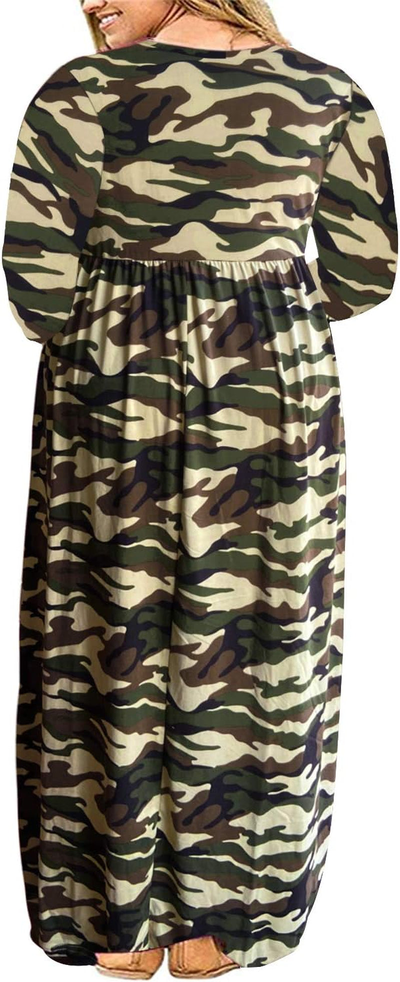 Women'S Long Sleeve Loose Plain Casual plus Size Floral Print Maxi Dress with Pockets 20W,Floral Light Camouflage