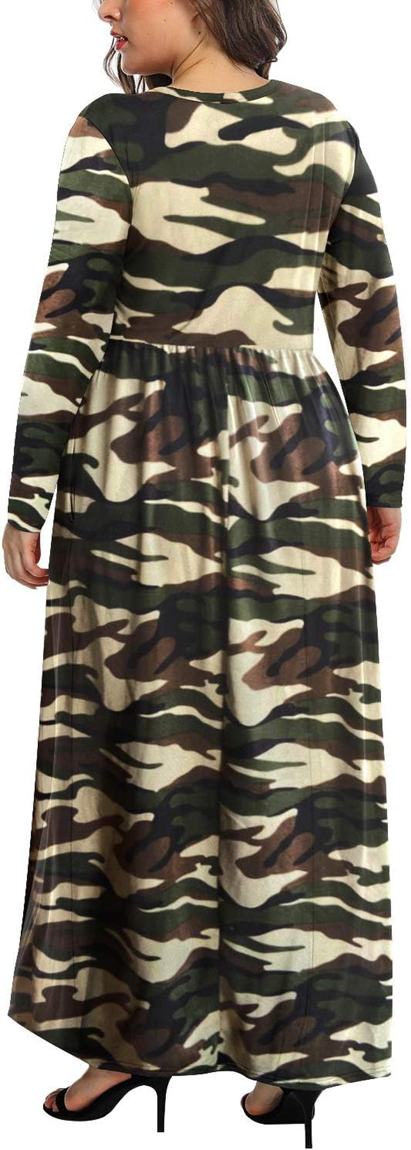 Women'S Long Sleeve Loose Plain Casual plus Size Floral Print Maxi Dress with Pockets 20W,Floral Light Camouflage