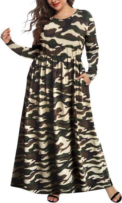 Women'S Long Sleeve Loose Plain Casual plus Size Floral Print Maxi Dress with Pockets 20W,Floral Light Camouflage